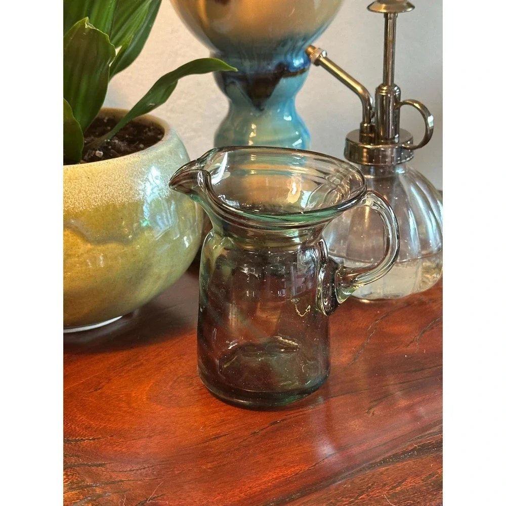 Vintage Hand-Blown Swirled Green Pink Art Glass Creamer Pitcher
